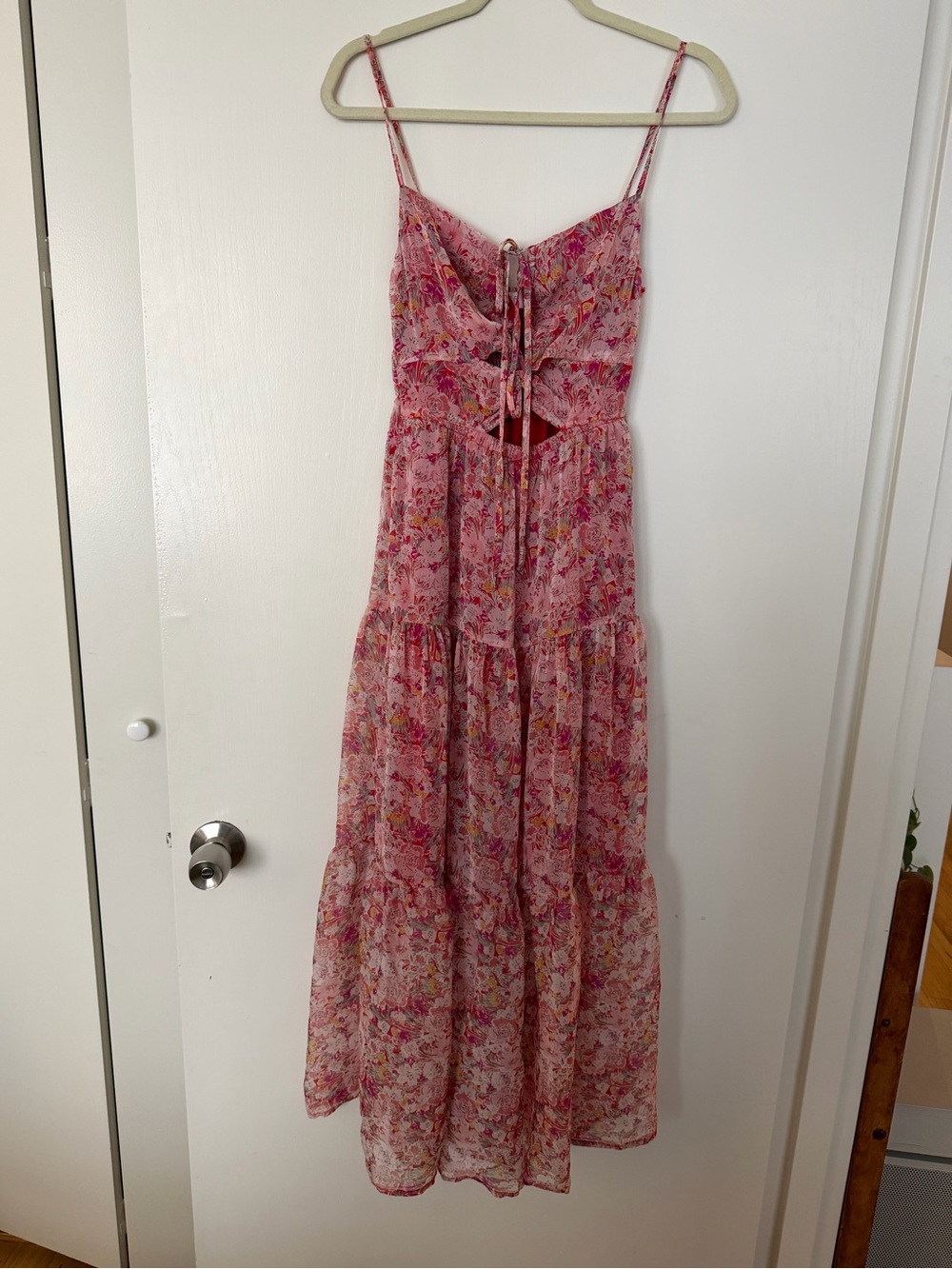 ASTR - Pink Floral Tie-Front Midi Dress with Spaghetti Straps